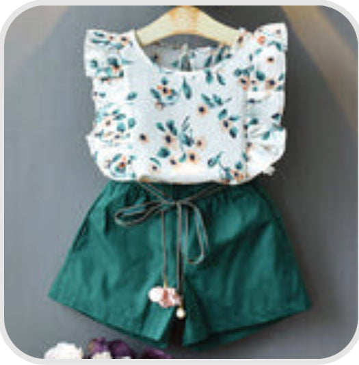 2 piece floral ruffled top solid belted shorts